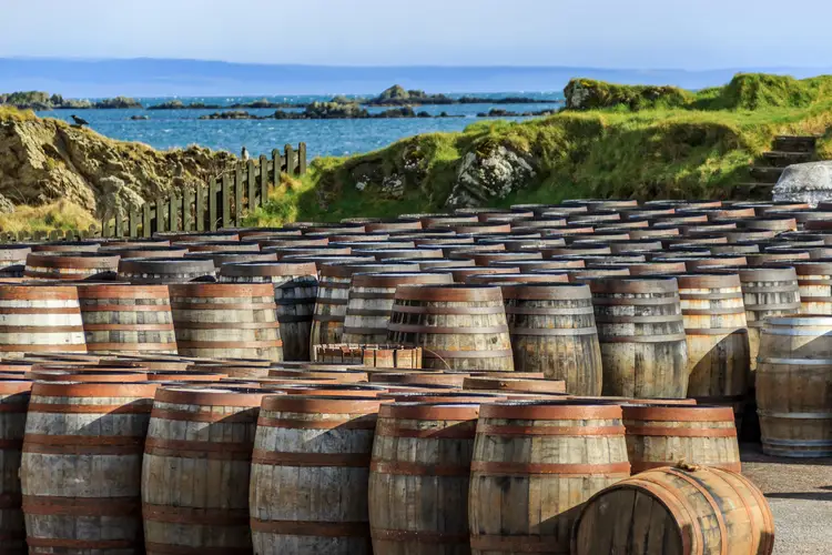 Scotch whisky / whiskey barrels lined up by the seaside on the Island of Islay, Scotland, UK