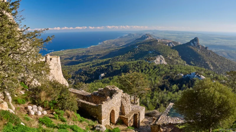 View of Northern Cyprus mountains from Kantara castle Stock Photo